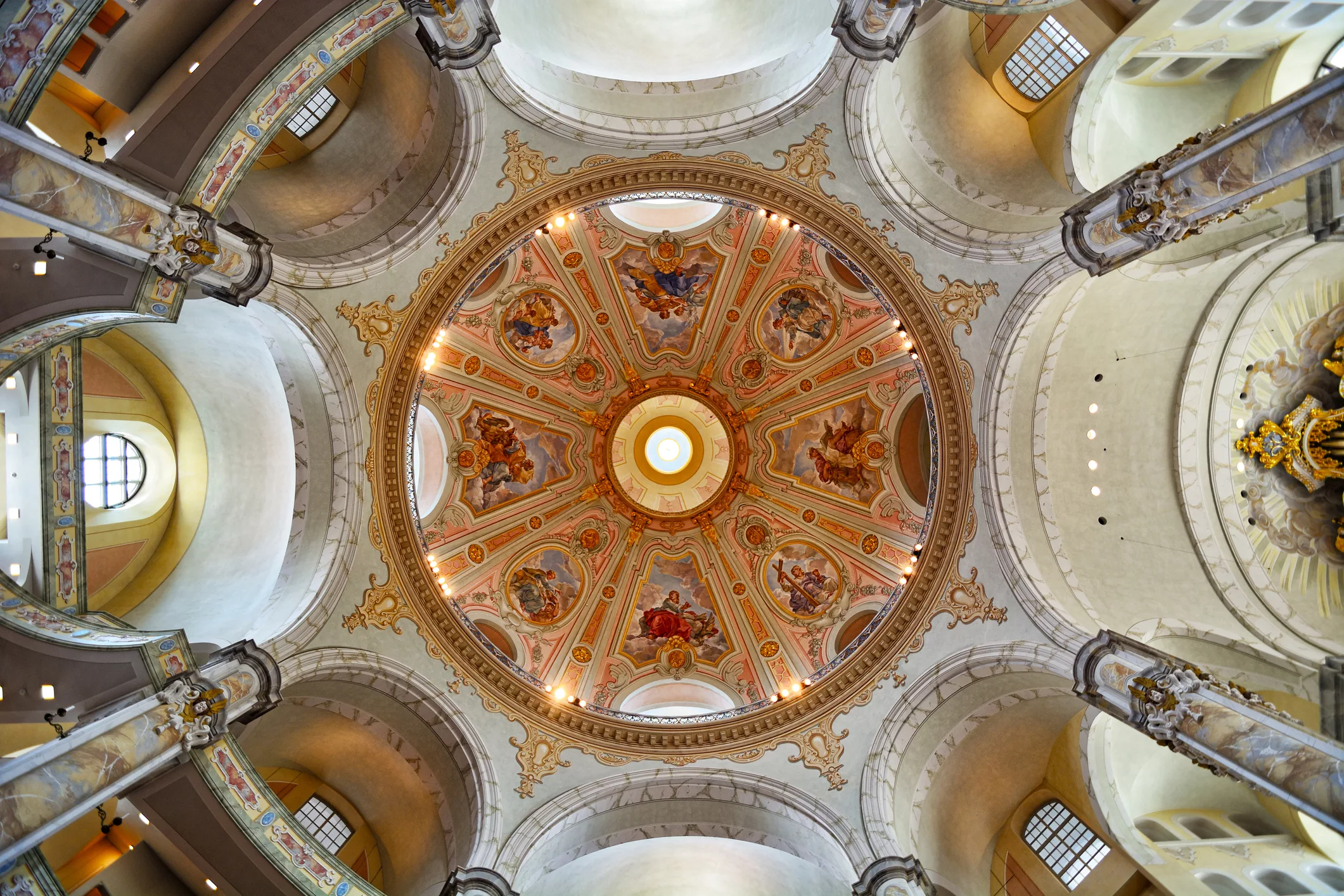 View of the ornate dome of the Frauenkirche Cathedral situated in Dresden, Germany.