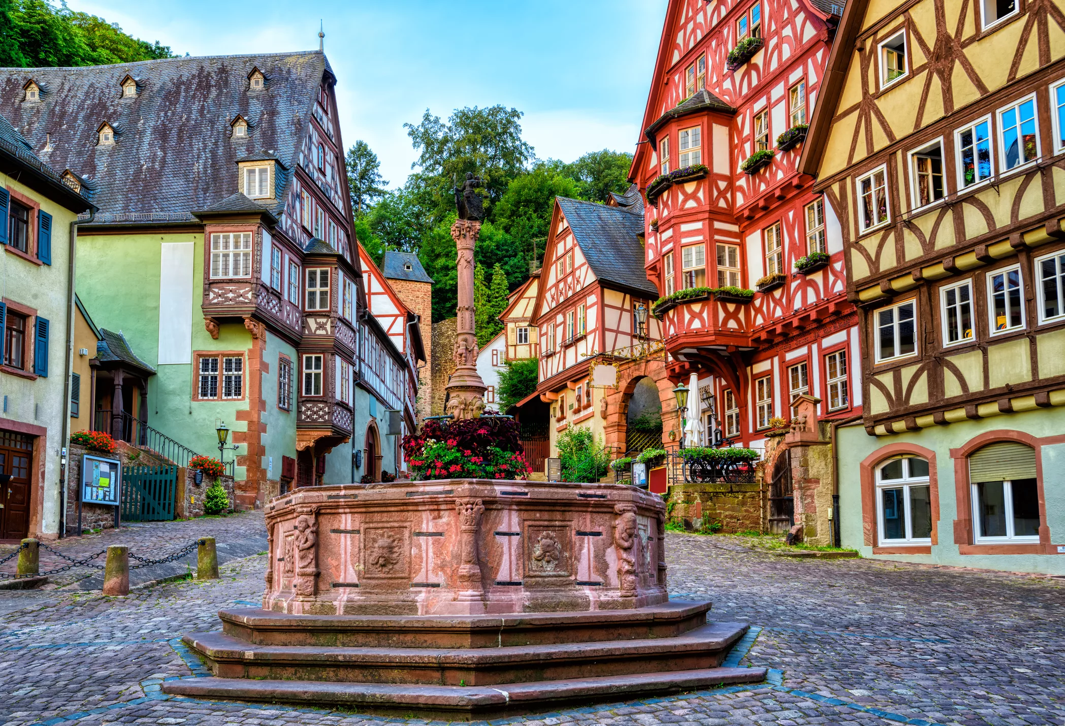 A colourful assormtnet of houses in the historical medieval Old Town in Bavaria, Germany.